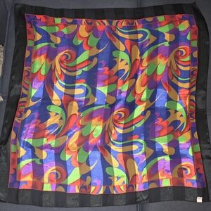 Vintage Inspired Vibrant Swirl Print Silk Scarf - Bold Multi-Color & Black Borde